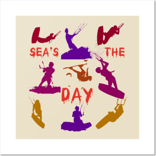 Kitesurfer Silhouette Pattern With Seas The Day Quote Posters and Art